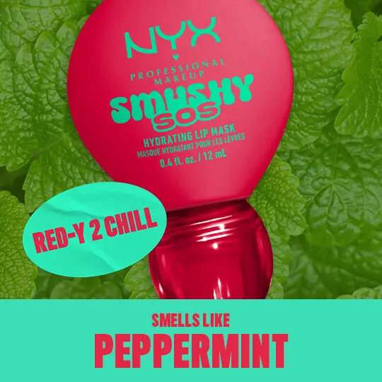 NYX Smushy SOS Lip Balm in Red-Y 2 Chill und passenden Inhaltsstoffen im Hintergrund
