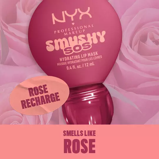 NYX Smushy SOS Lip Balm in Rose Recharge und passenden Inhaltsstoffen im Hintergrund