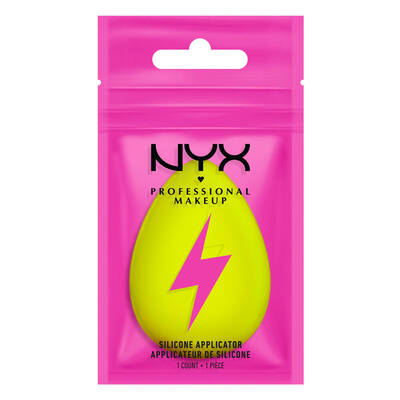 Verpackung eines silikonbeschichteten Make-up-Applikators von NYX in leuchtendem Pink mit gelbem Blitzsymbol.