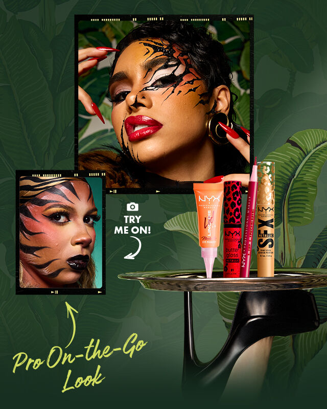 NYX Professional Makeup „Teasin’ Tigress“-Look: Model mit Tigerstreifen-Gesichtsbemalung, glossy roten Lippen und einem Mantel in Animal-Print-Kunstpelz. Gezeigte Produkte: Lid Lingerie in Pumpkin Vice, SFX Paint Stick in Gilded Grave, Lip Lingerie Stain in Flirt Alert und Butter Gloss in Blood Moon.