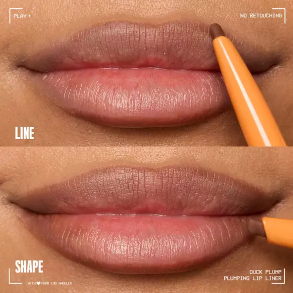Oben: Unretuschierte Lippen, unten: Kussformiger Liner zeigt plumpendes Ergebnis.