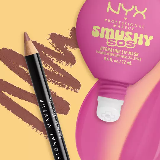 Kombinationsvorschlag fur das Lippen-Makeup mit einem NYX Lip Liner und dem Smushy SOS Lipbalm auf farbigem Hintergrund.