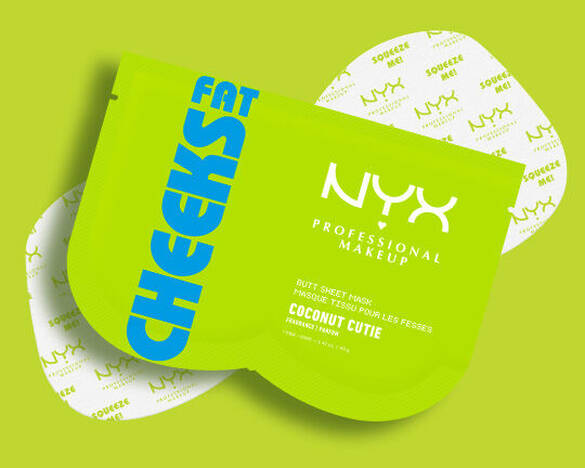 Die neongrune Verpackung der NYX Fat Cheeks Po-Tuchmaske mit dem Duft von Kokosnuss.