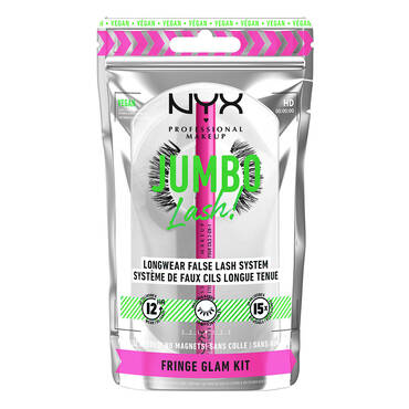 Verpackung des NYX Jumbo Lash Fring Glam Kit fur langanhaltende falsche Wimpern, vegan und professionell.