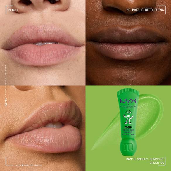 NYX Professional Makeup M&M’S Smushy Surprize Matte Lip Balm in Green, shown with clear finish on lips of various skin tones.