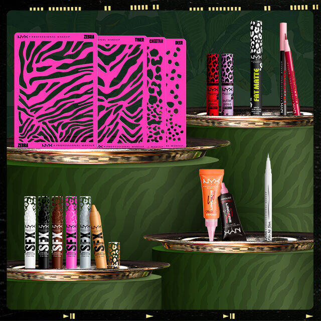 NYX Professional Makeup „Party Animals“-Kollektionsdisplay mit Zebra-, Tiger-, Cheetah- und Deer-Make-up-Paletten sowie SFX Paint Sticks, Butter Gloss, Fat Matte, Epic Ink Liner, Lid Lingerie und Lip Lingerie Produkten.