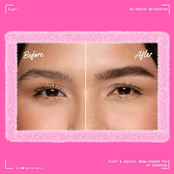 Before and after close-up of a model in NYX Professional Makeup Fluff & Snatch! Brow Power Pen in 07 Espresso.