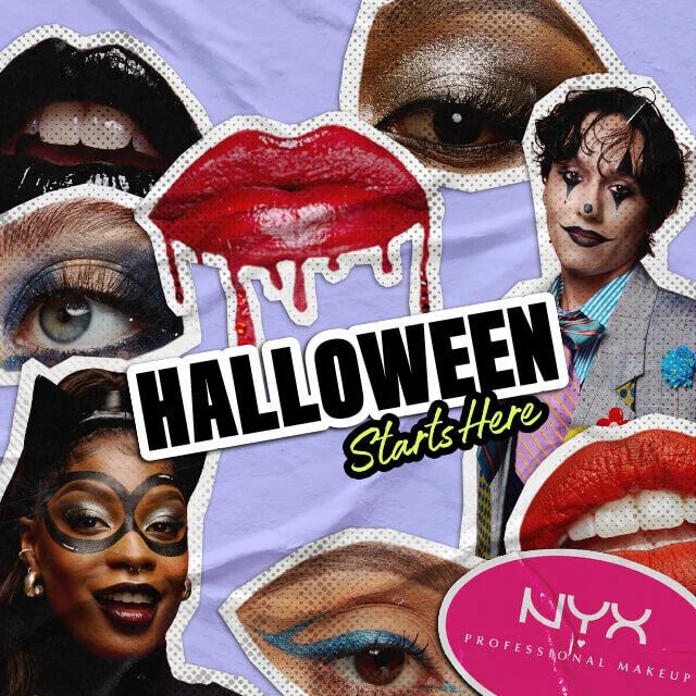 NYX Professional Makeup Halloween-Make-up-Essentials-Banner mit einer Collage aus dramatischen Halloween-Make-up-Looks, bolden Lippen und Augen-Styles sowie dem Schriftzug Halloween starts here.