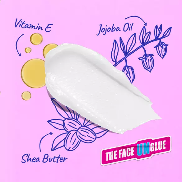 Cremiger weißer Produktswatch des Cleansing Balms auf rosa Grund, illustriert mit den pflegenden Inhaltsstoffen Vitamin E, Jojobaol und Shea-Butter.
