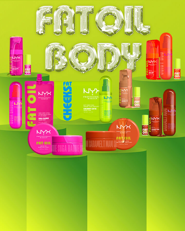 Eine Ubersicht prasentiert die gesamte NYX Fat Oil Body Kollektion auf grunen Podesten vor einem leuchtend grunen Hintergrund.