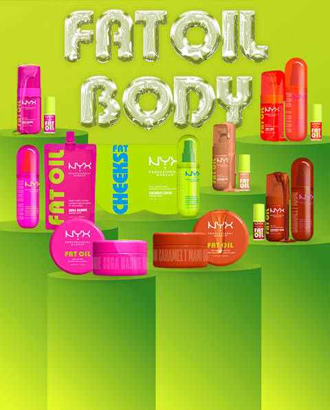 Eine Ubersicht prasentiert die gesamte NYX Fat Oil Body Kollektion auf grunen Podesten vor einem leuchtend grunen Hintergrund.