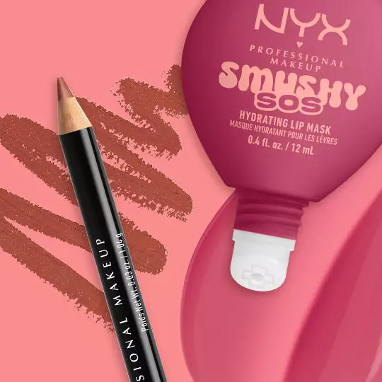 Kombinationsvorschlag fur das Lippen-Makeup mit einem NYX Lip Liner und dem Smushy SOS Lipbalm auf farbigem Hintergrund.