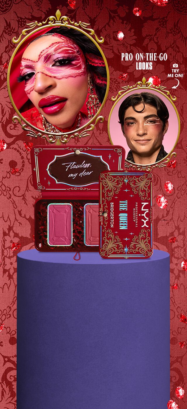 NYX Bridgerton Royal Blush Palettes displayed on a purple stand with ornate gold frames and Blushing Beauty look, set against a red floral background with product description, shop buttons, and option to try on the Pro-On-The-Go virtual look.