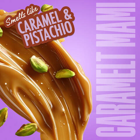 Ein glanzender Karamellstrudel mit Pistazienkernen visualisiert den Duft „Caramel & Pistachio“ der Variante „Caramelt Mami“.