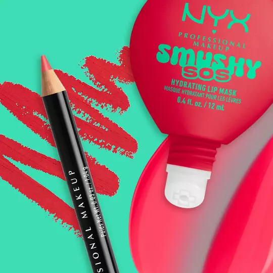 Kombinationsvorschlag fur das Lippen-Makeup mit einem NYX Lip Liner und dem Smushy SOS Lipbalm auf farbigem Hintergrund.