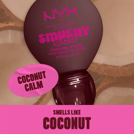NYX Smushy SOS Lip Balm in Coconut Calm und passenden Inhaltsstoffen im Hintergrund