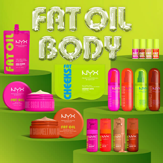 Eine Produkt-Ubersicht prasentiert die verschiedenen farbenfrohen Produkte der NYX Fat Oil Body Kollektion auf grunen Podesten.