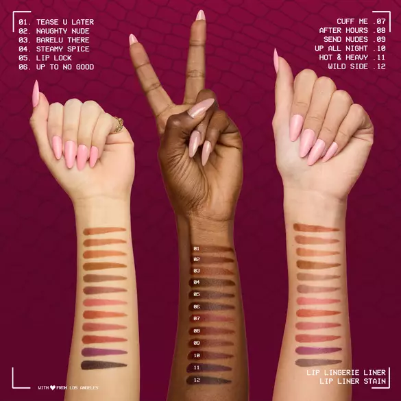 Drei Unterarme in verschiedenen Hauttonen mit Teststreifen des Lip Lingerie Lip Liner Stains in allen Farbtonen