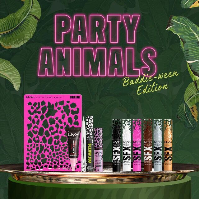NYX Professional Makeup Party Animals Baddie-ween Edition Halloween-Banner mit Dschungelblatt-Hintergrund, Geschenkset im Leo-Print, Augen- und Lippenprodukten sowie dem Text „Fierce Looks Unleashed“.