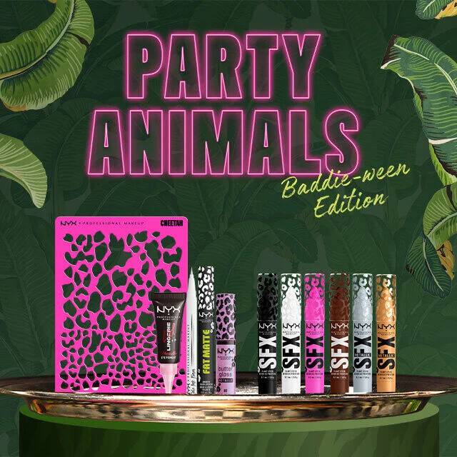 NYX Professional Makeup Party Animals Baddie-ween Edition Halloween-Banner mit Dschungelblatt-Hintergrund, Geschenkset im Leo-Print, Augen- und Lippenprodukten sowie dem Text „Fierce Looks Unleashed“.