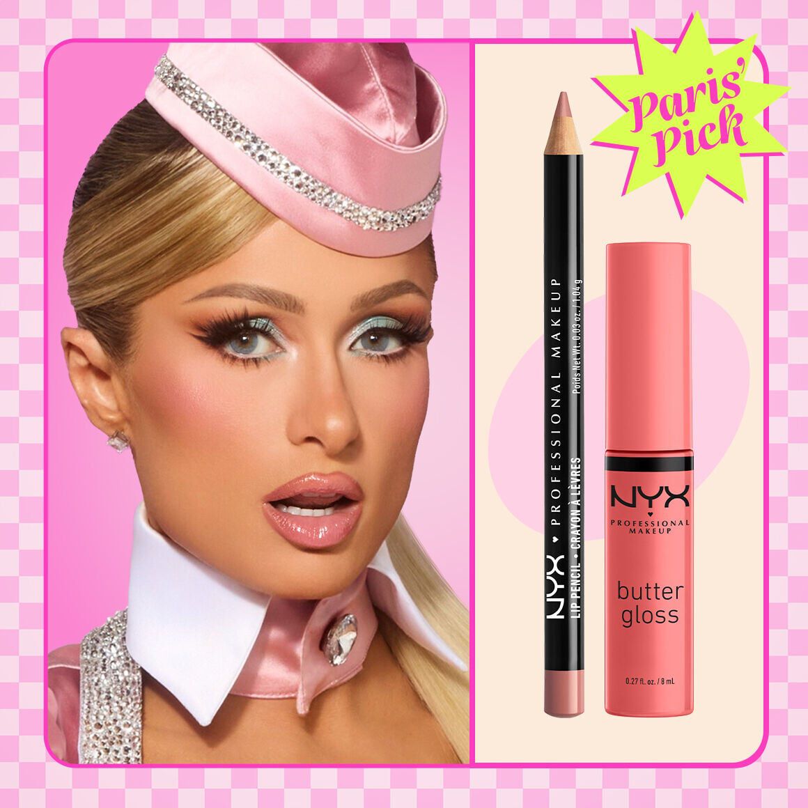 Paris Hilton in pink diner-inspired styling with glossy nude lips beside Slim Lip Pencil in 858 Nude Pink and Butter Gloss in 05 Creme Brulee, with Paris Pick badge.