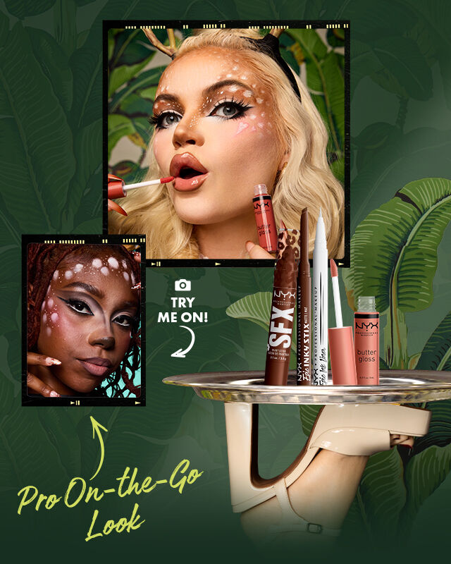 NYX Professional Makeup Doe-Eyed Diva look featuring a model with white doe spots, defined eyes and glossy nude lips. Products shown: Epic Ink Liner Phantom Lines, SFX Paint Stick Cocoa Cult, Epic Inky Stix Ember Energy and Butter Gloss Bit of Honey.