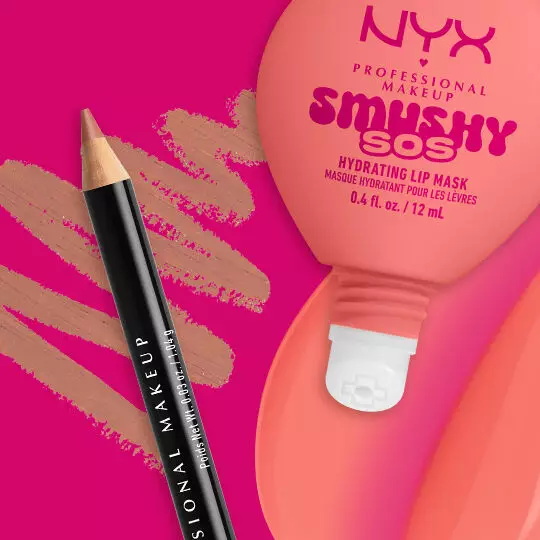 Kombinationsvorschlag fur das Lippen-Makeup mit einem NYX Lip Liner und dem Smushy SOS Lipbalm auf farbigem Hintergrund.