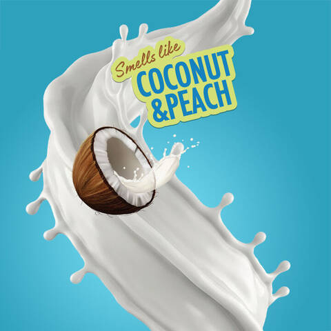 Splash of white liquid with a halved coconut and "Smells like Coconut & Peach" text on a blue background, representing NYX Coconut Cutie fragrance.