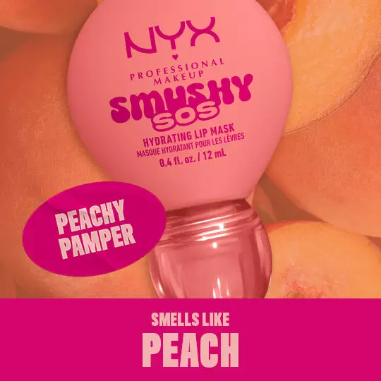 NYX Smushy SOS Lip Balm in Peachy Pamper und passenden Inhaltsstoffen im Hintergrund