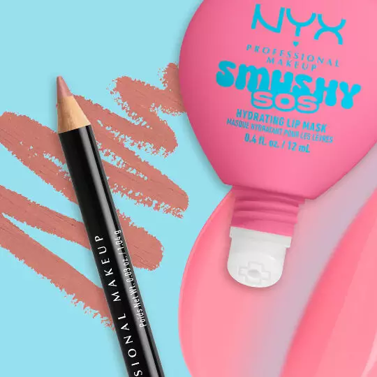 Kombinationsvorschlag fur das Lippen-Makeup mit einem NYX Lip Liner und dem Smushy SOS Lipbalm auf farbigem Hintergrund.