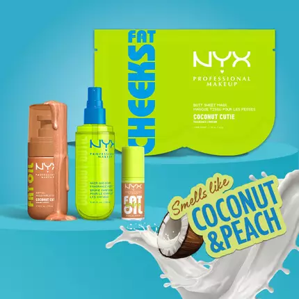 Eine Ubersicht der Coconut Cutie Produkte inklusive Po-Maske, Ol und Duftspray auf blauen Podesten.