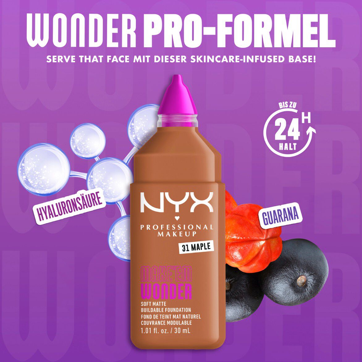 Make 'Em Wonder Foundation neben ihren Inhaltsstoffen Hyaluronsaure und Guarana-Extrakt