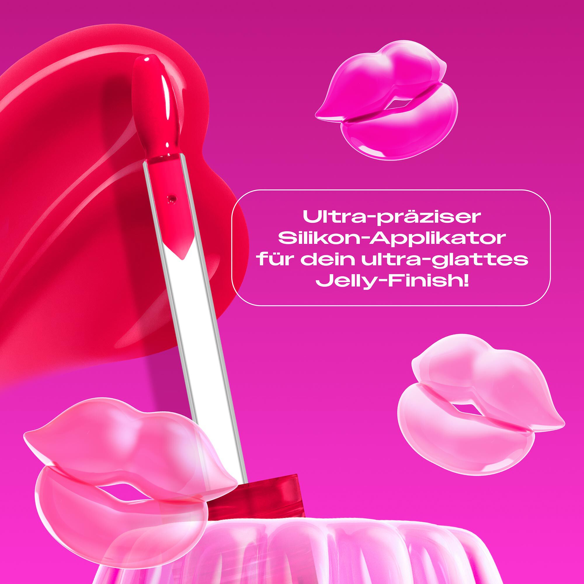 Das Bild zeigt eine Applikatorspitze aus Silikon, die in eine  viskose Textur taucht, die wie ein Swatch aufgetragen ist. Der Applikator ragt aus einer pinkfarbenen, gelatineartigen Masse oder Form heraus, die an Wackelpudding erinnert. Der gesamte Hintergrund ist ein leuchtendes Magenta.