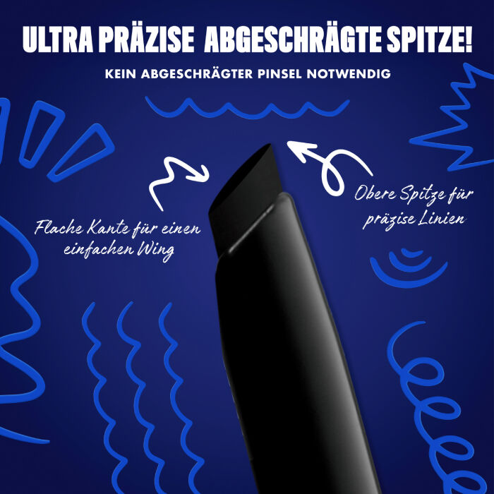Das Bild zeigt eine Nahaufnahme der abgeschragten Spitze eines Eyeliners vor einem dunkelblauen Hintergrund. Auf dem Bild sind verschiedene Texte und Illustrationen zu sehen.