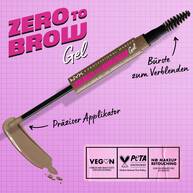 Zero to Brow Longwear Gel Applikator und die Vorteile der Formel: vegan, tierversuchsfrei und keine Make-up-Retusche