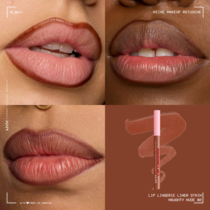 Das Bild ist eine vierteilige Collage, die Lippen-Make-up auf verschiedenen Hauttonen zeigt und ein Produkt prasentiert.