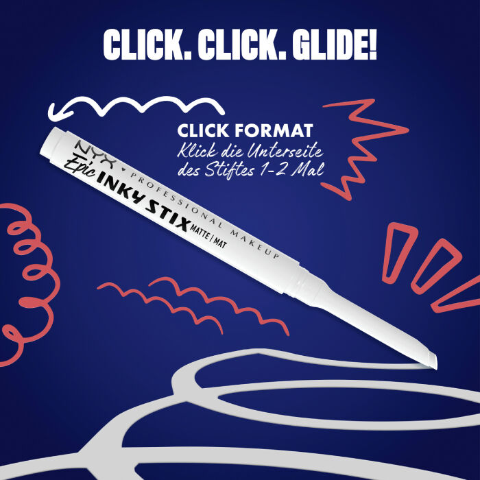 Das Bild zeigt einen Eyeliner-Stift von NYX Professional Makeup, diagonal auf einem dunkelblauen Hintergrund platziert. Oben steht in großen weißen Buchstaben "CLICK. CLICK. GLIDE!".