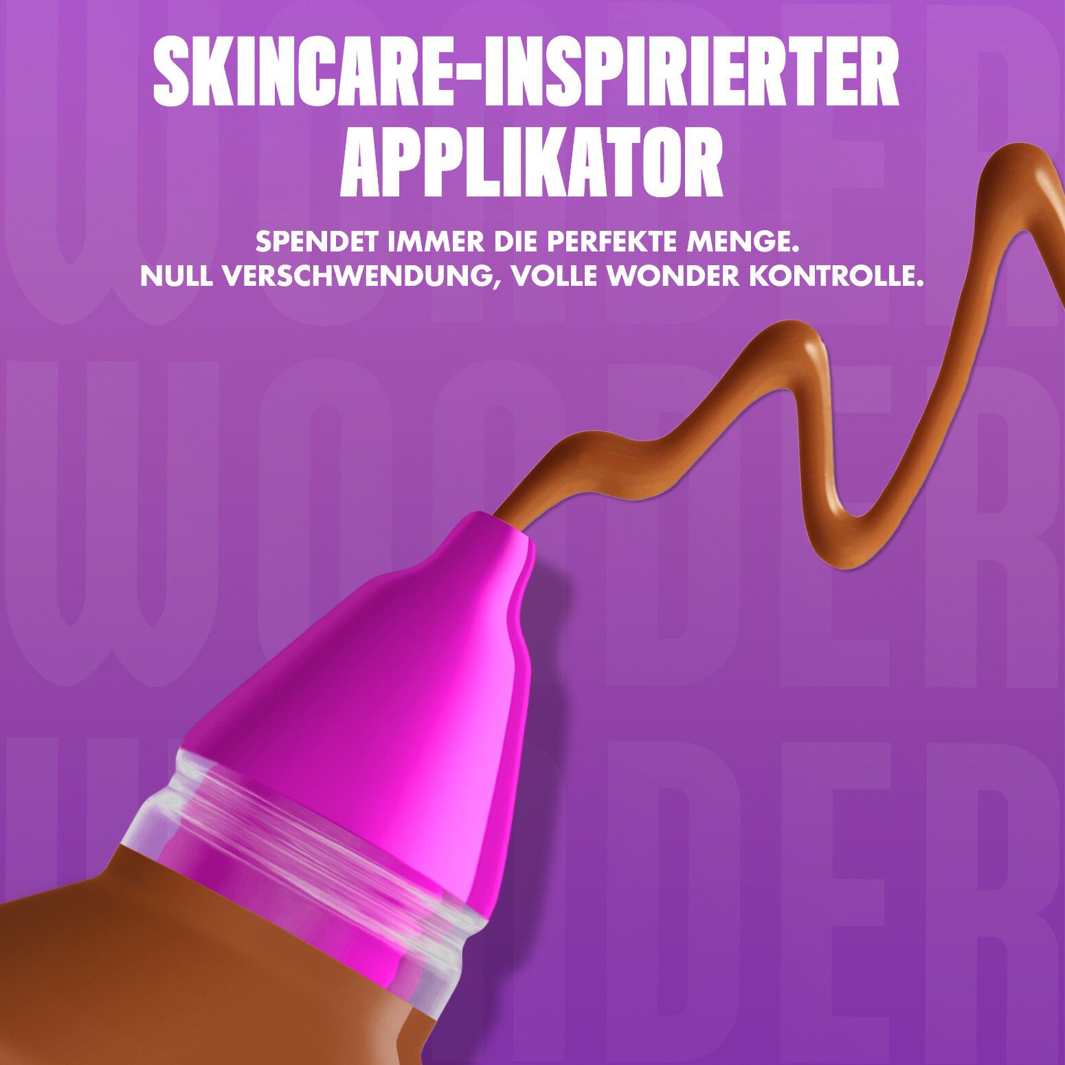 Nahaufnahme des Make 'Em Wonder Foundation-Applikators beworben mit einer prazisen Produkt-Dosis