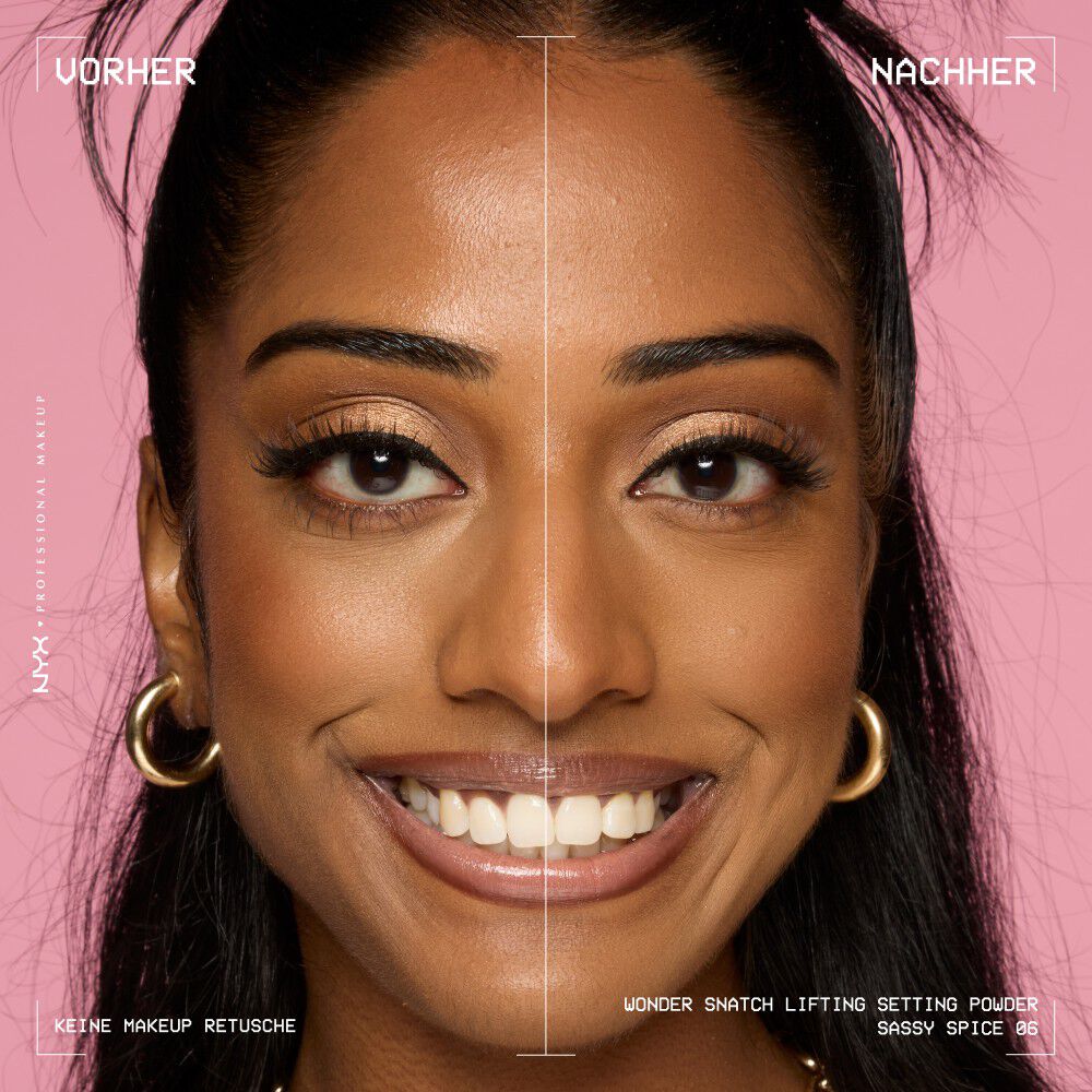 Vorher-Nachher-Bild einer jungen Frau mit und ohne aufgetragenem Wonder Snatch Lifting Setting Powder von NYX Professional Makeup