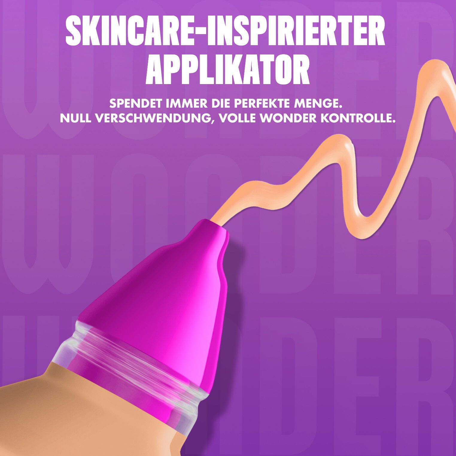 Nahaufnahme des Make 'Em Wonder Foundation-Applikators beworben mit einer prazisen Produkt-Dosis