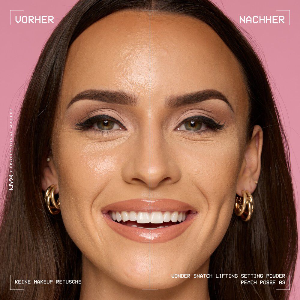 Vorher-Nachher-Bild einer jungen Frau mit und ohne aufgetragenem Wonder Snatch Lifting Setting Powder von NYX Professional Makeup
