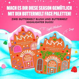 Zeigt zwei „Buttermelt Face Palettes“ mit den Bezeichnungen „Light/Medium“ und „Deep“ und dem Text „MACH ES DIR DIESE SEASON GEMUTLICH MIT DEN BUTTERMELT FACE PALETTEN!