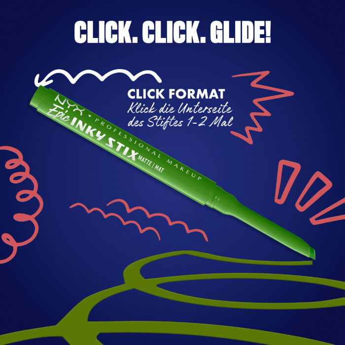 Das Bild zeigt einen Eyeliner-Stift von NYX Professional Makeup, diagonal auf einem dunkelblauen Hintergrund platziert. Oben steht in großen weißen Buchstaben "CLICK. CLICK. GLIDE!".