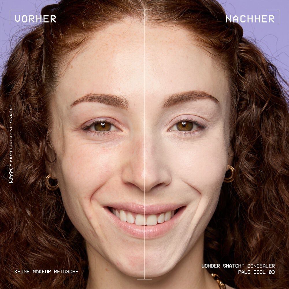 Ein unretuschierter Vorher-Nachher-Vergleich im Split-Screen demonstriert die hohe Deckkraft des NYX Wonder Snatch™ Concealers.