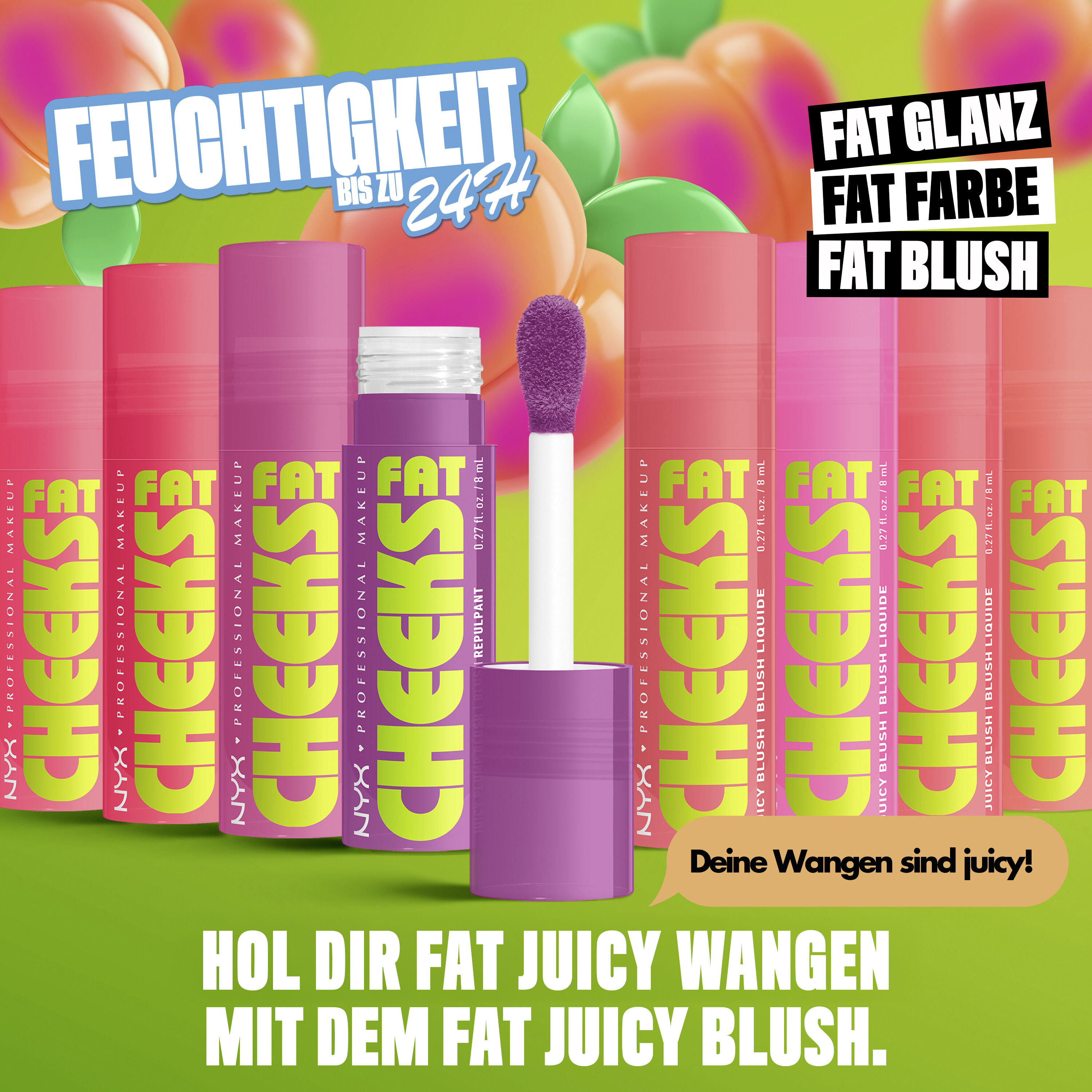 Fat Cheeks Juicy Blush in 8 verschiedenen Farben und Auflistung seiner Vorteile: bis zu 24h Feuchtigkeit, Fat Glanz, Fat Farbe, Fat Blush