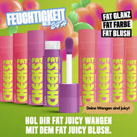 Fat Cheeks Juicy Blush in 8 verschiedenen Farben und Auflistung seiner Vorteile: bis zu 24h Feuchtigkeit, Fat Glanz, Fat Farbe, Fat Blush