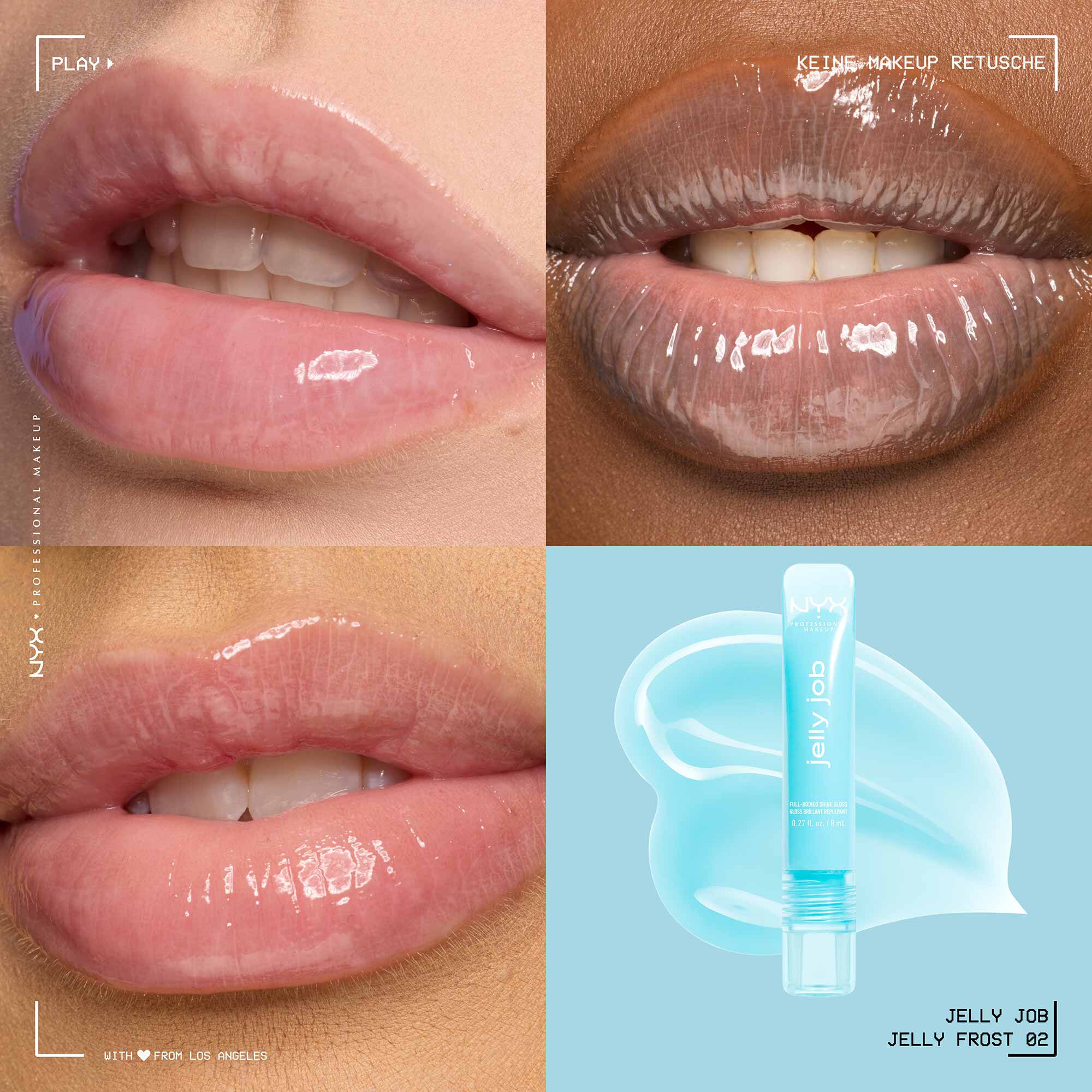 Ein Collage-Bild, das vier verschiedene Ansichten des NYX Professional Makeup "Jelly Job" Lipgloss zeigt.
