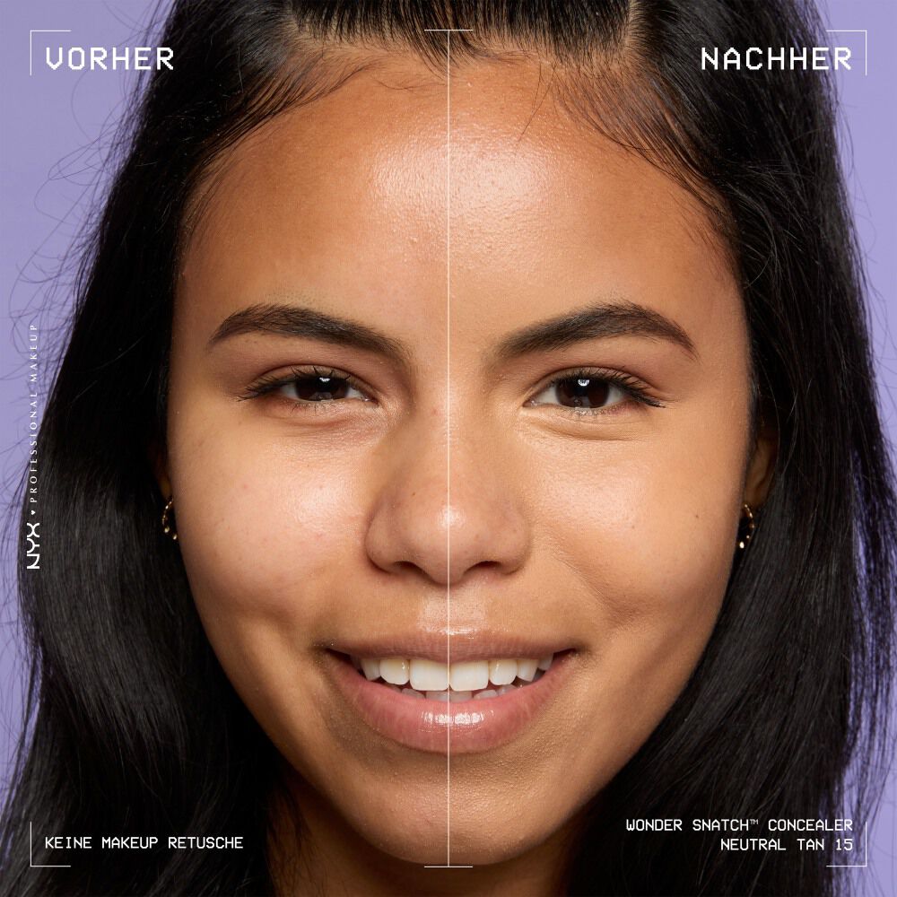 Ein unretuschierter Vorher-Nachher-Vergleich im Split-Screen demonstriert die hohe Deckkraft des NYX Wonder Snatch™ Concealers.