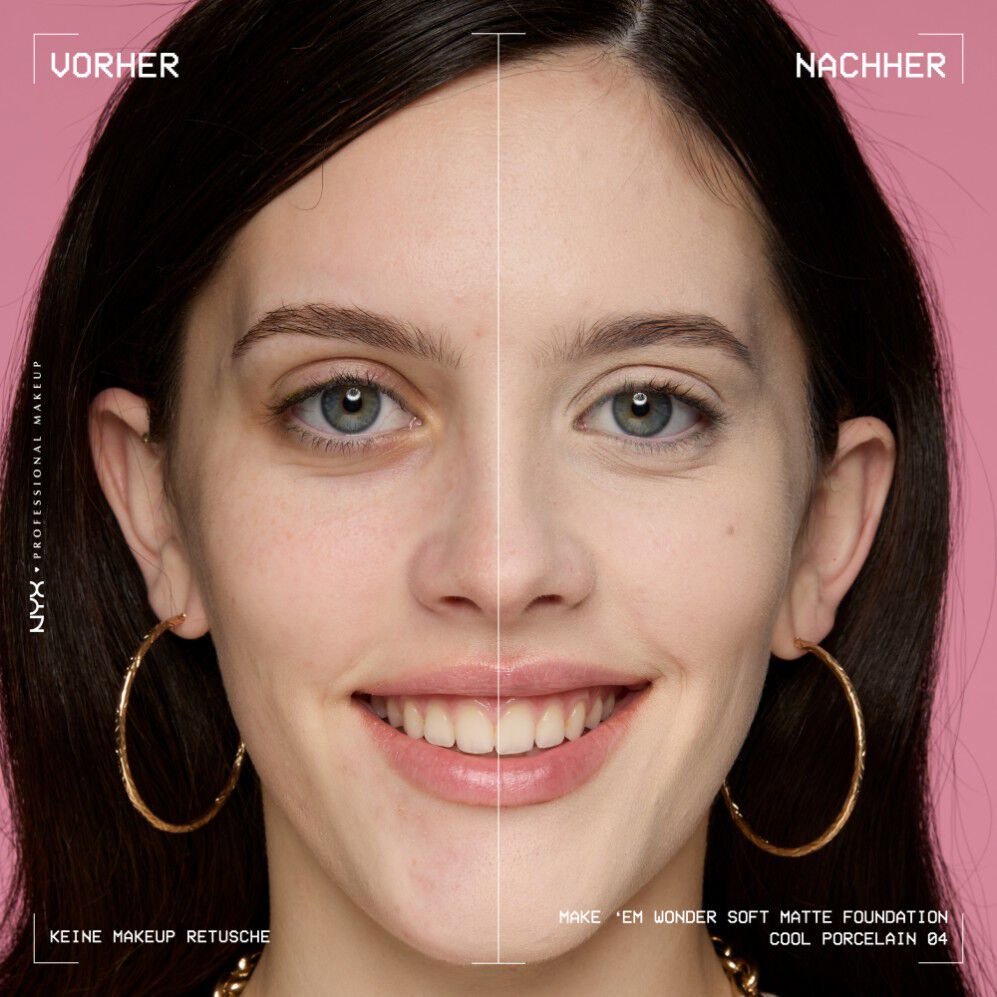 Vorher-Nachher-Bild vom Gesicht einer lachelnden Person mit und ohne Make 'Em Wonder Foundation