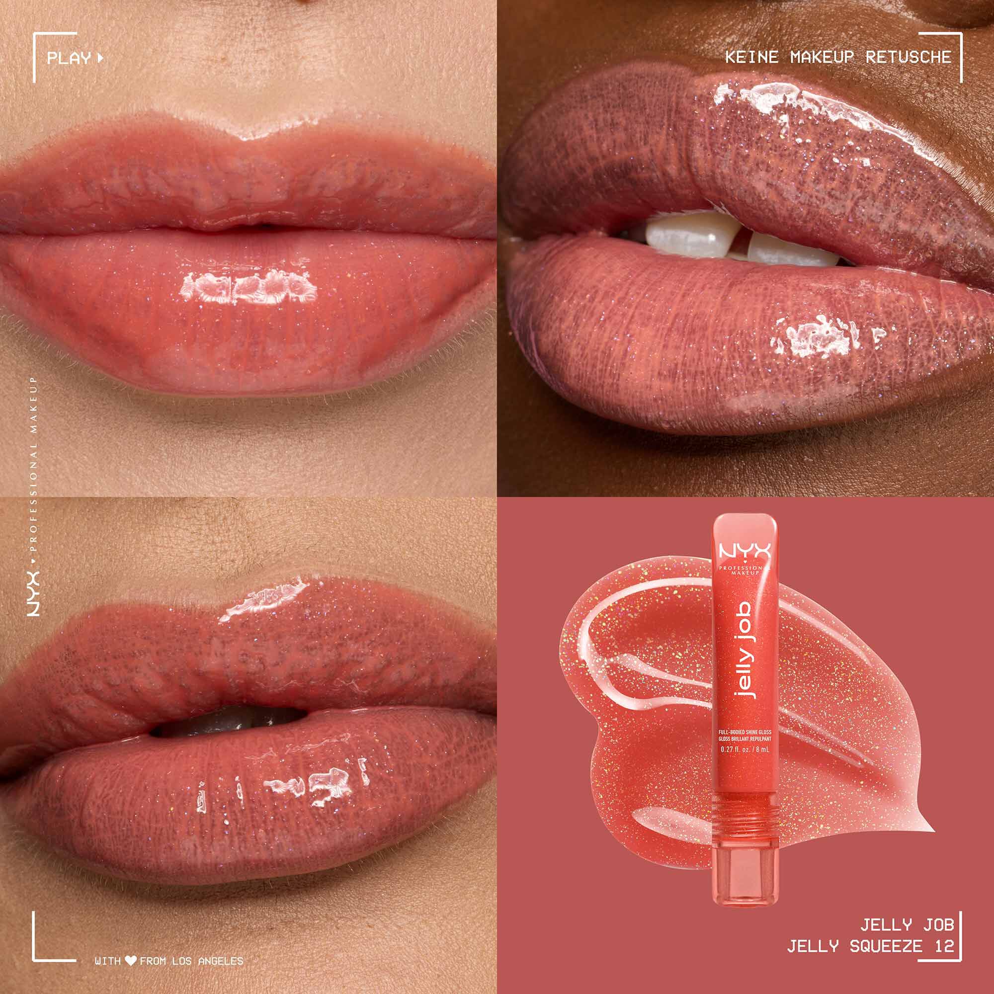 Ein Collage-Bild, das vier verschiedene Ansichten des NYX Professional Makeup "Jelly Job" Lipgloss zeigt.